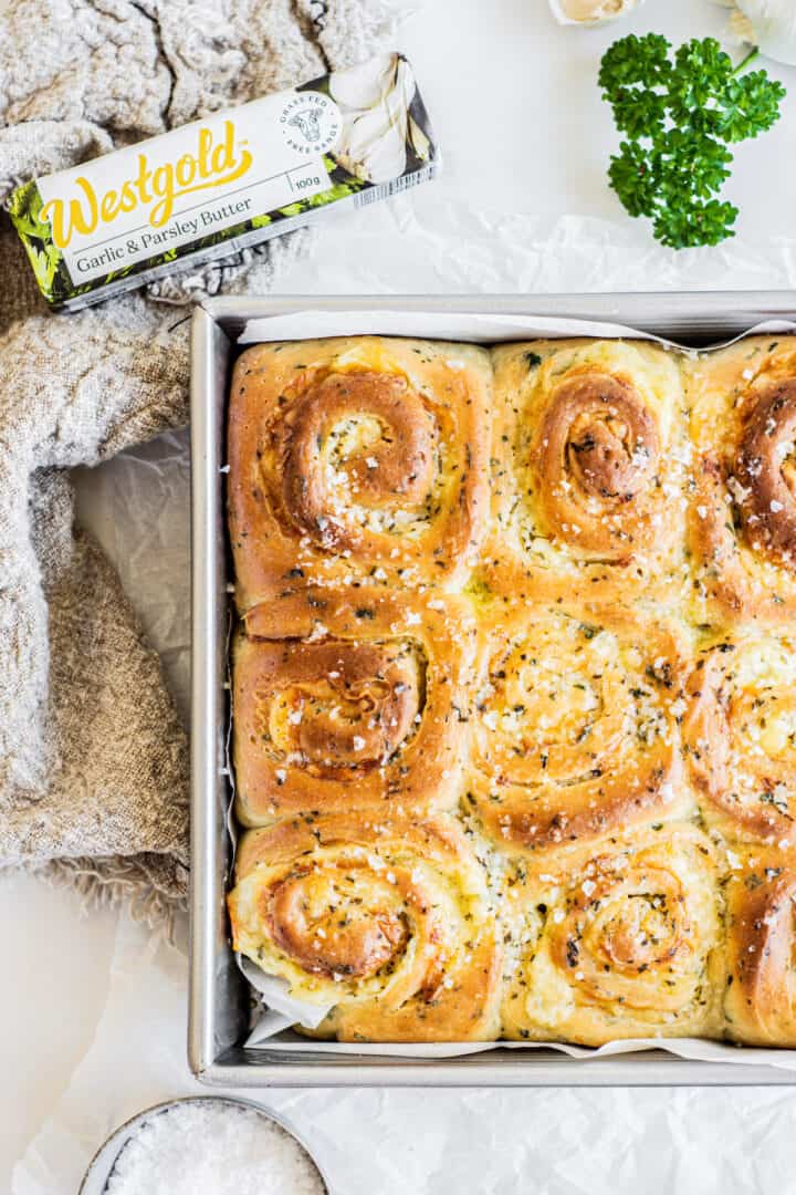Image showcasing Soft Garlic Butter Rolls with Parsley - Baking With Butter