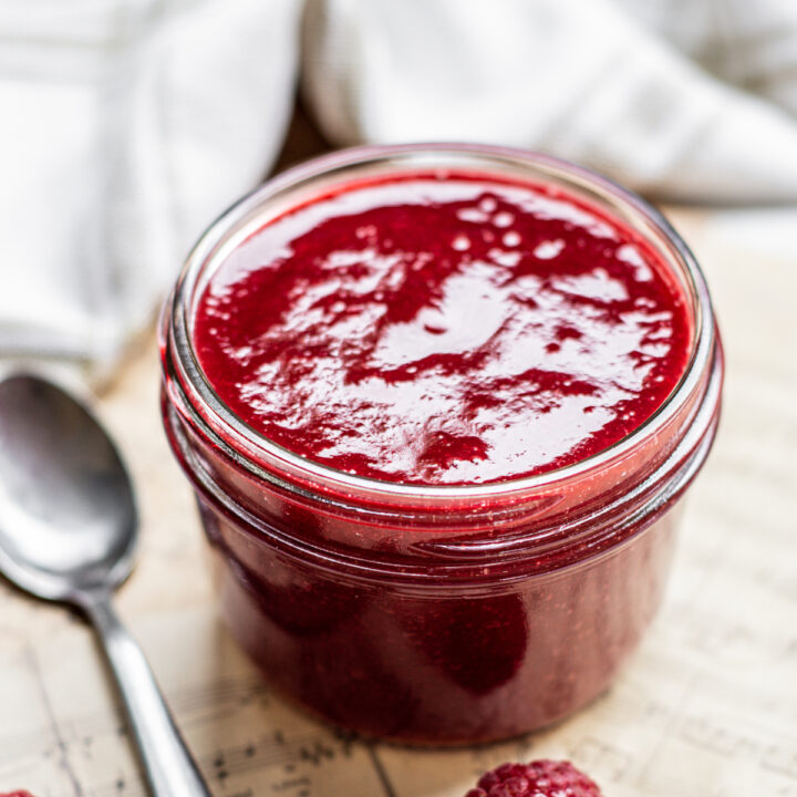 a small jar of raspberry sauce.