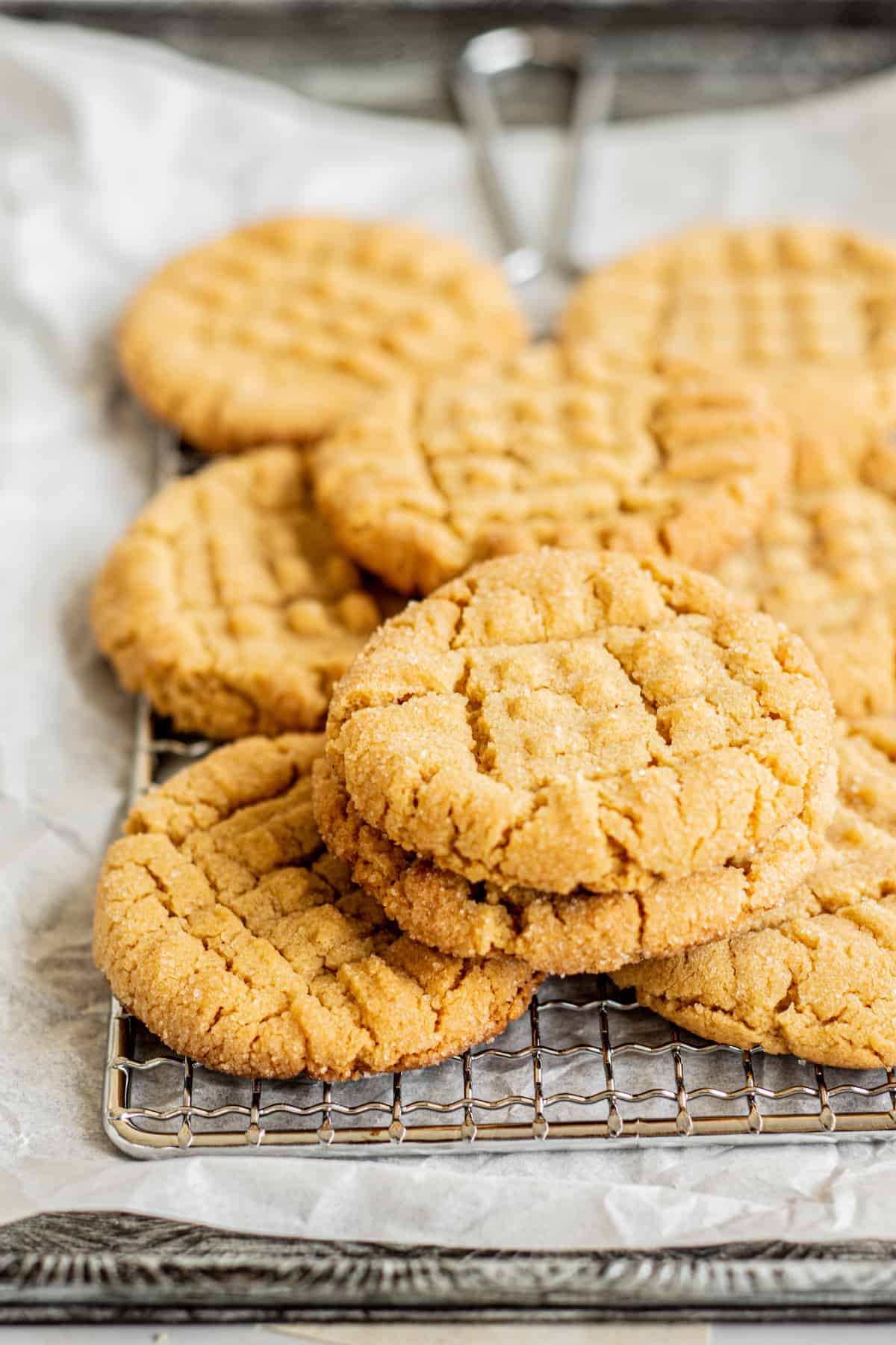 side view of criss cross peanut butter cookies.