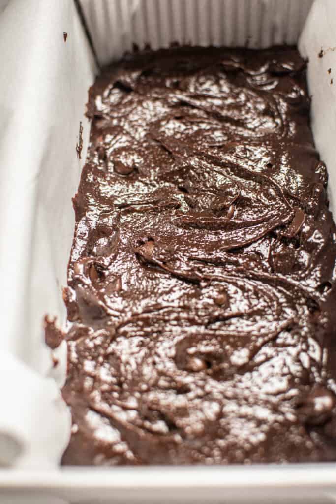 unbaked chocolate batter in pan.