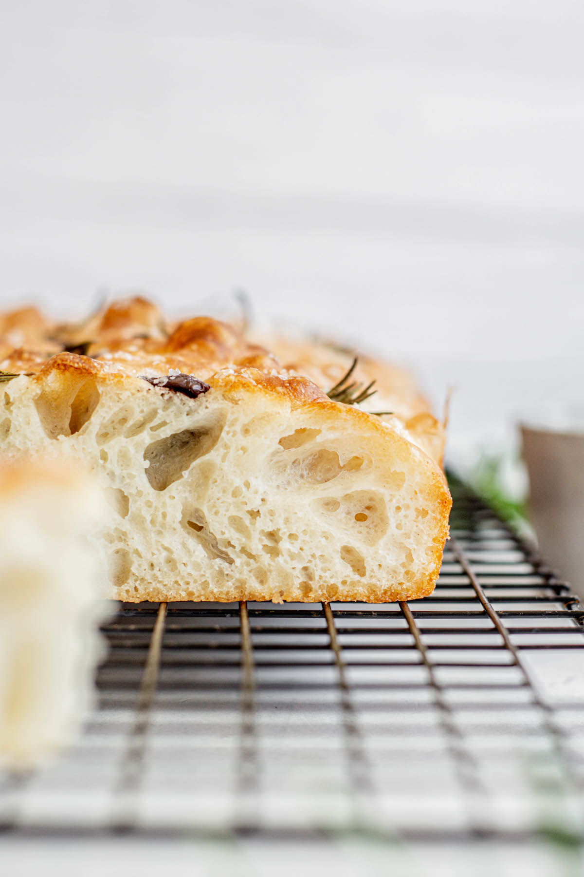 close up of sliced focaccia.