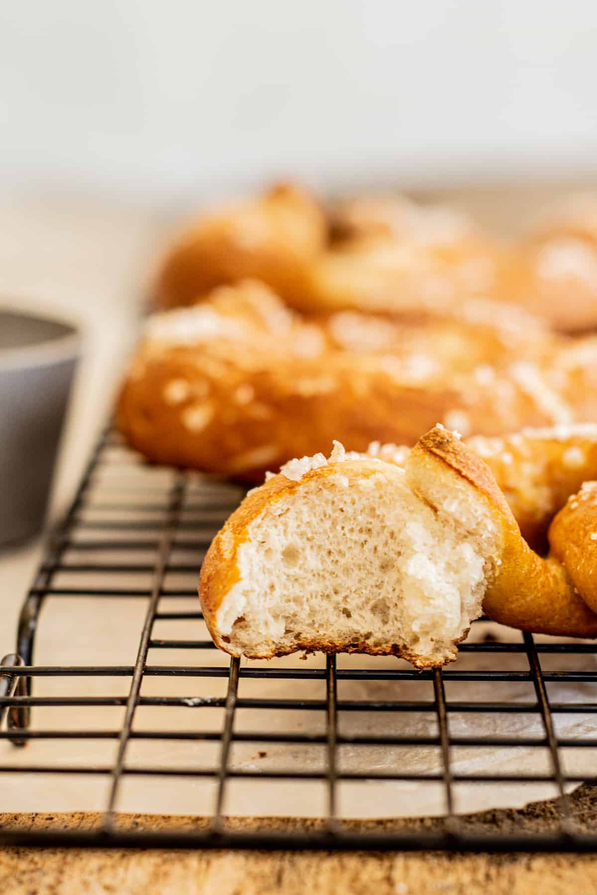 close up of sourdough pretzel.