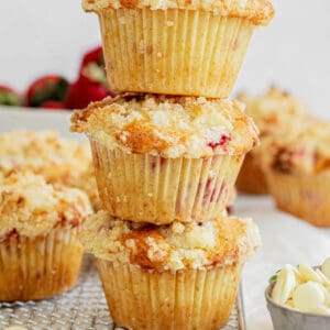 stacked strawberry muffins.