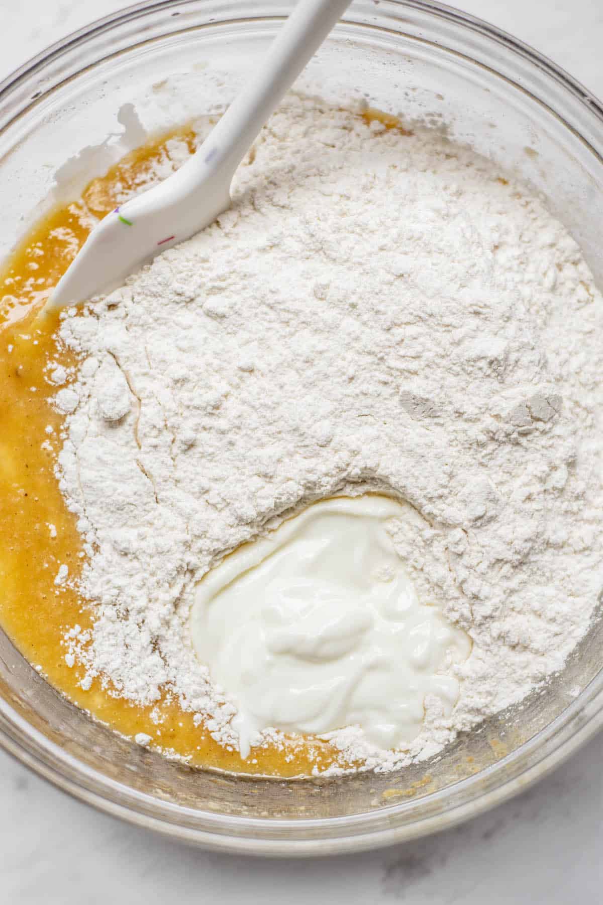 flour, yogurt in batter.