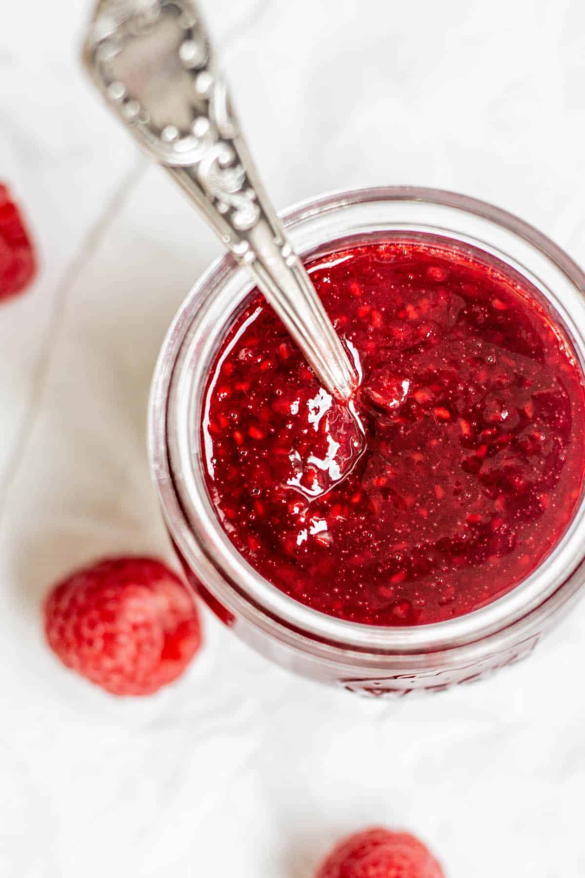 easy raspberry compote in a jar.