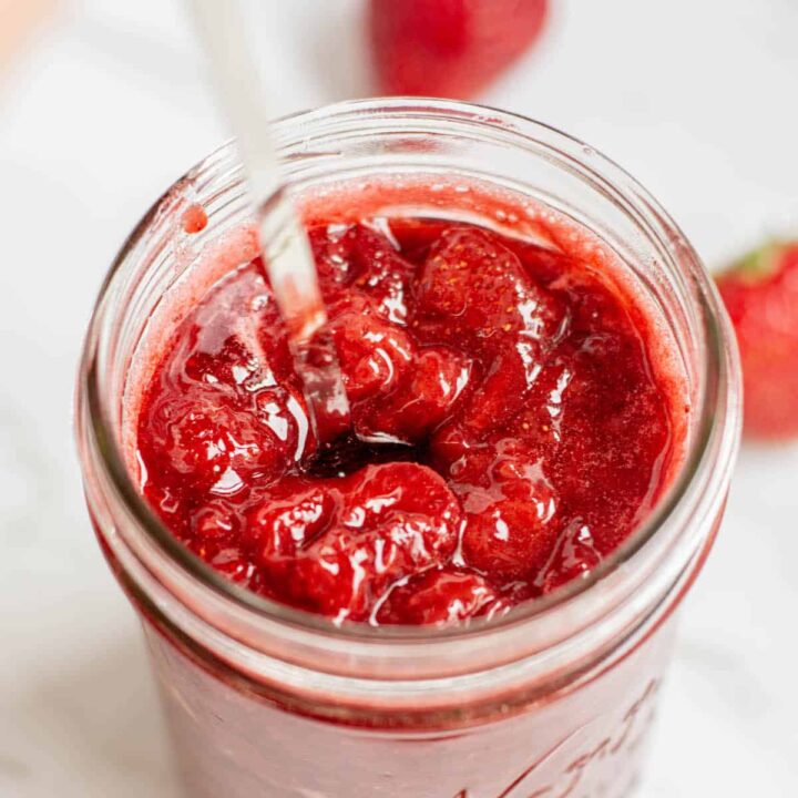 close up of strawberry compote.