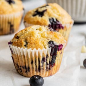 side view of blueberry muffin.