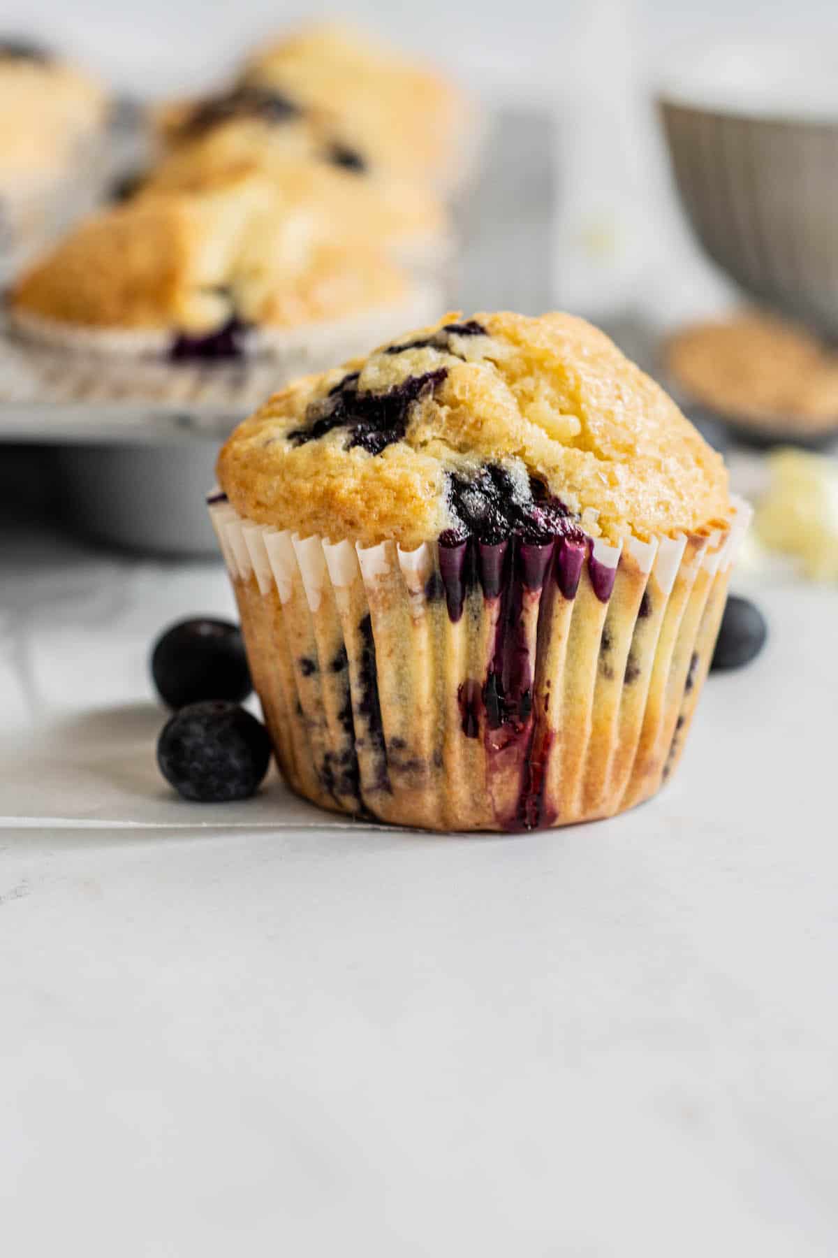 side view of blueberry muffin.