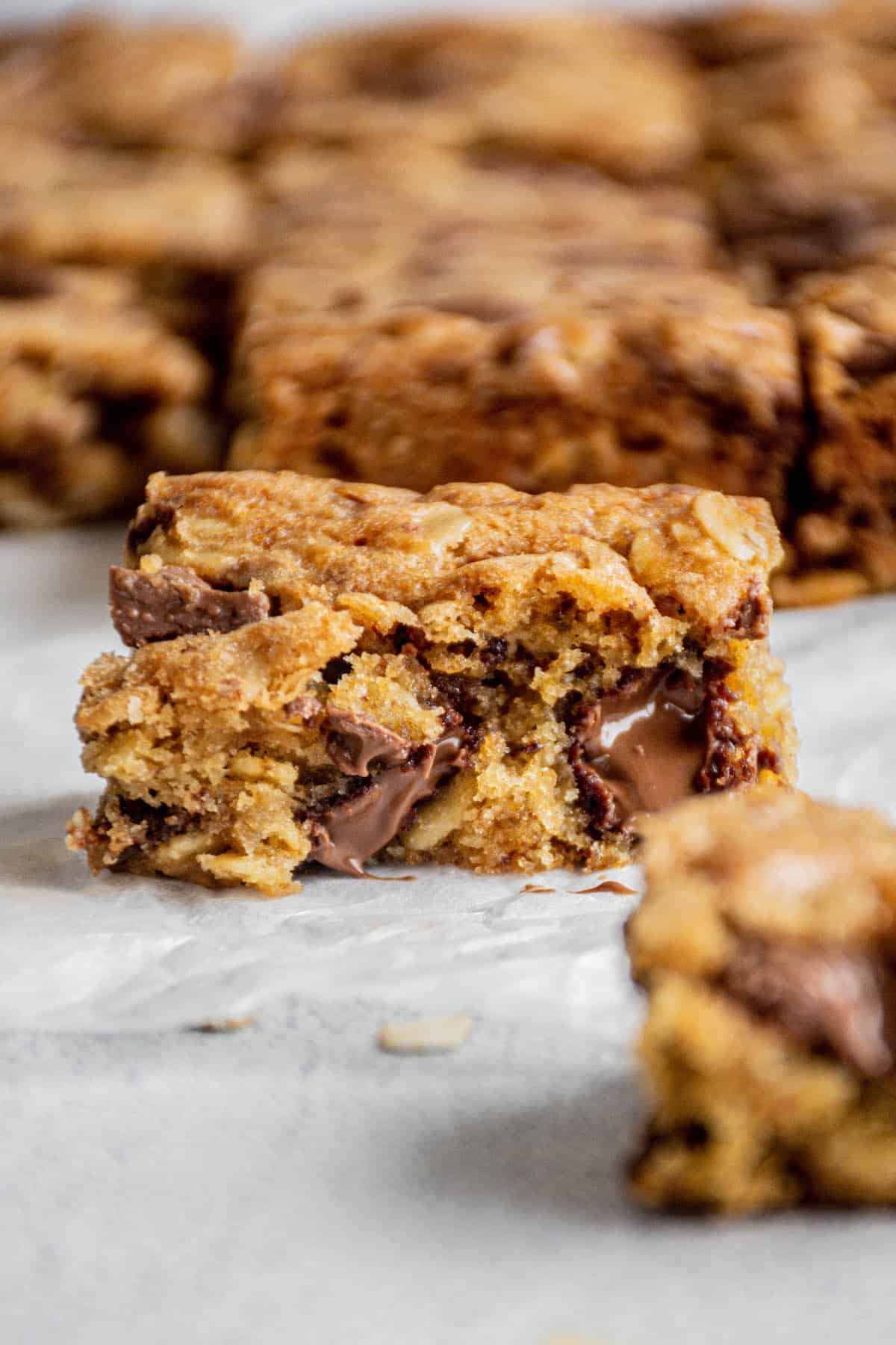 melted chocolate oat cookie bar.