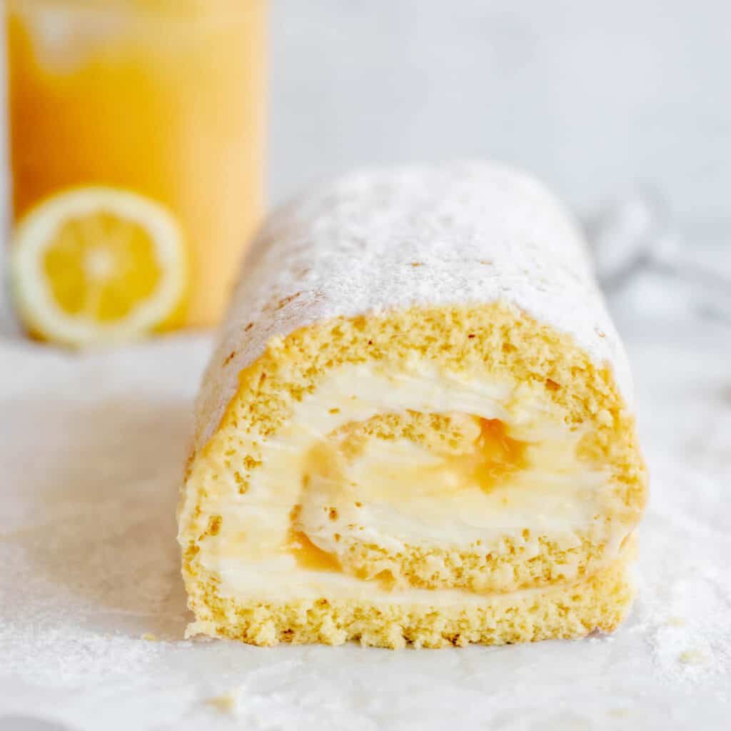 lemon roll cake close up.