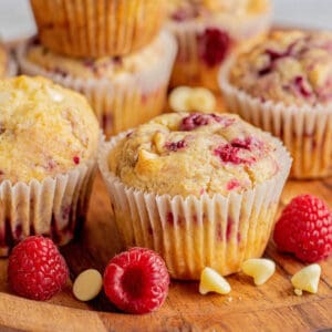 tray of raspberry white chocolate muffins.