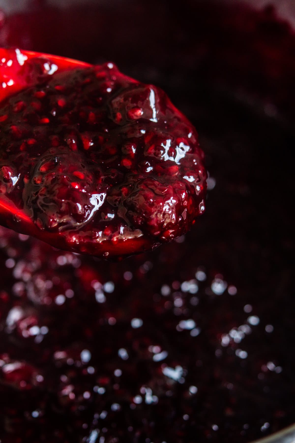 A close-up of a red spoon holding thick, glossy, dark red berry jam or preserve—perfect for topping a Blackberry Crumble Pie—with more jam blurred in the background. The jam appears chunky with visible fruit pieces.
