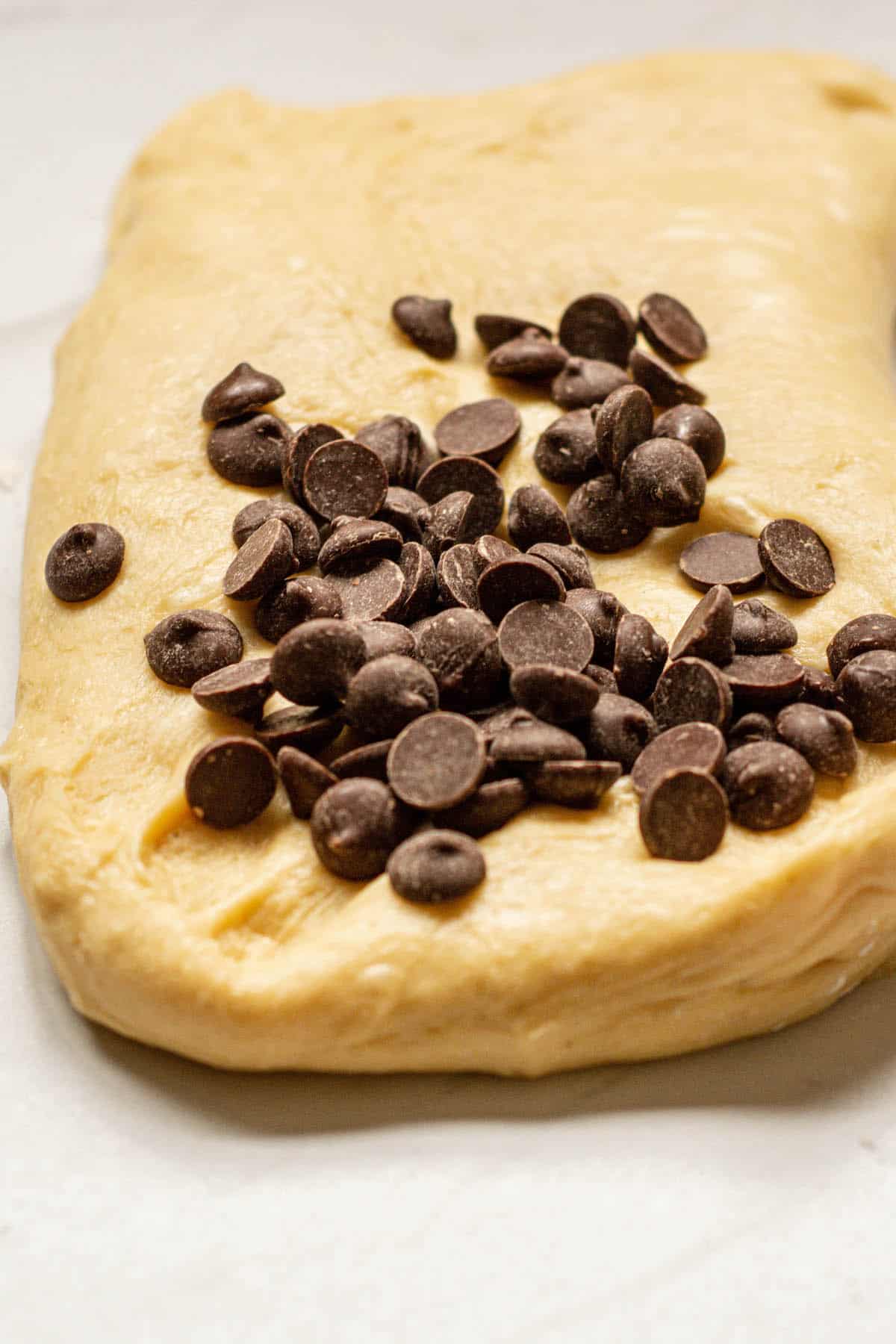 chocolate chips pressed onto dough.