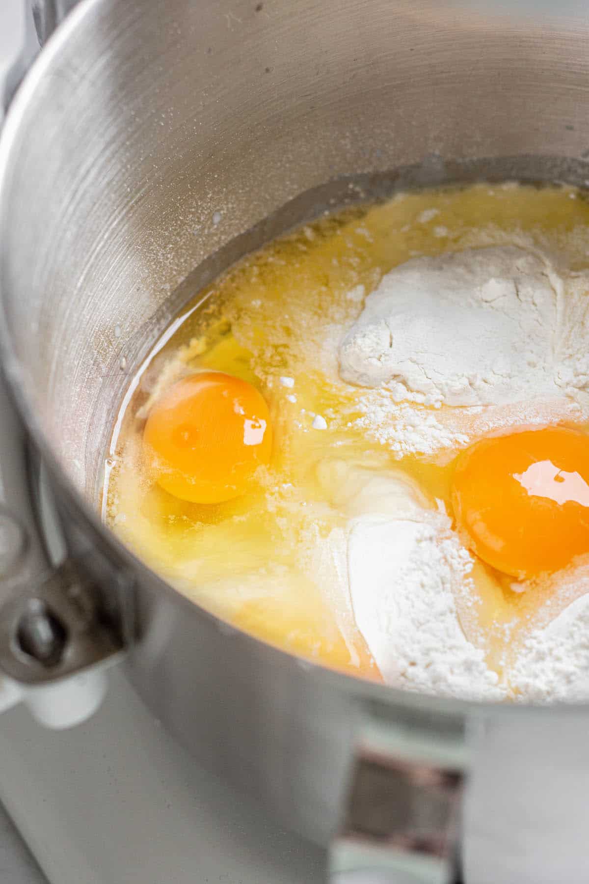 eggs and flour in a mixer.