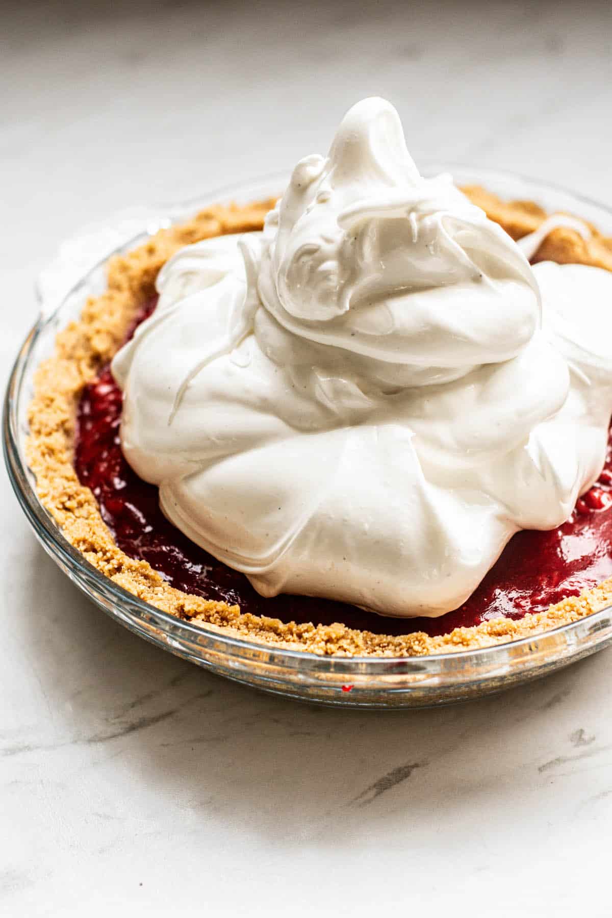 meringue piled onto pie.