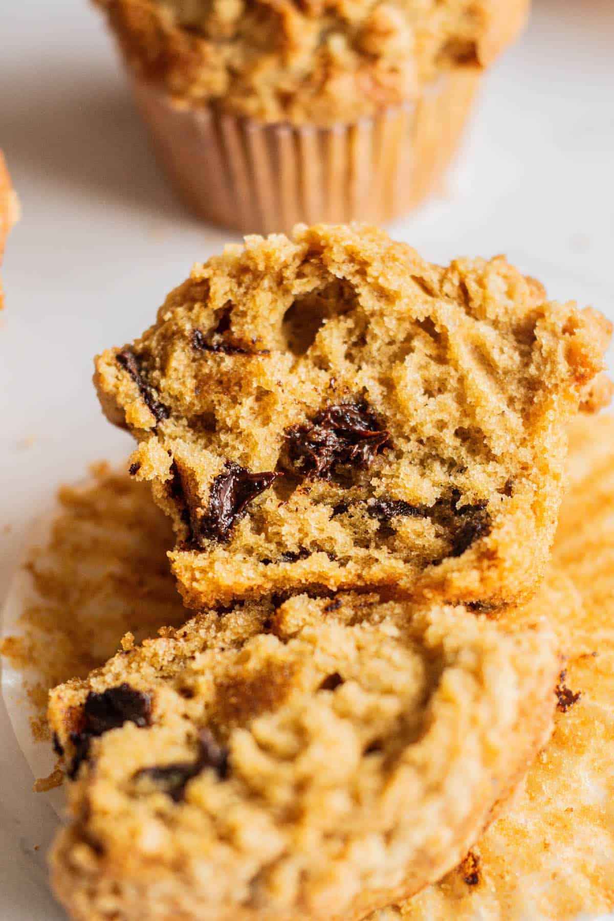 opened muffin with chocolate chunks.