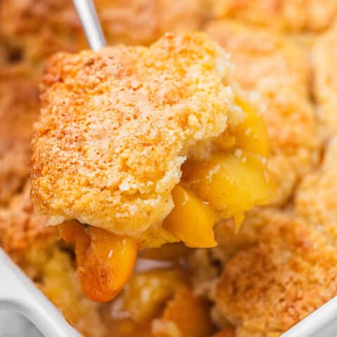 peach cobbler being served.
