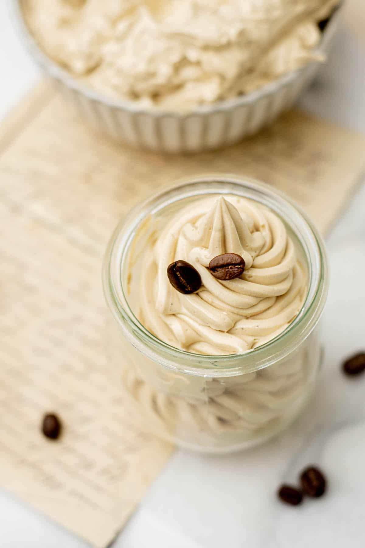 coffee swiss meringue buttercream in little jar.