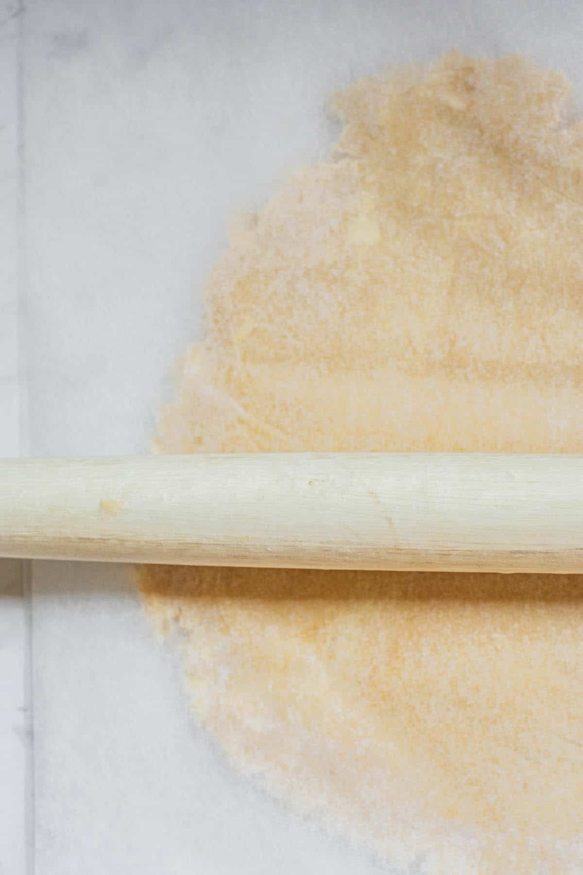 rolling dough between parchment.