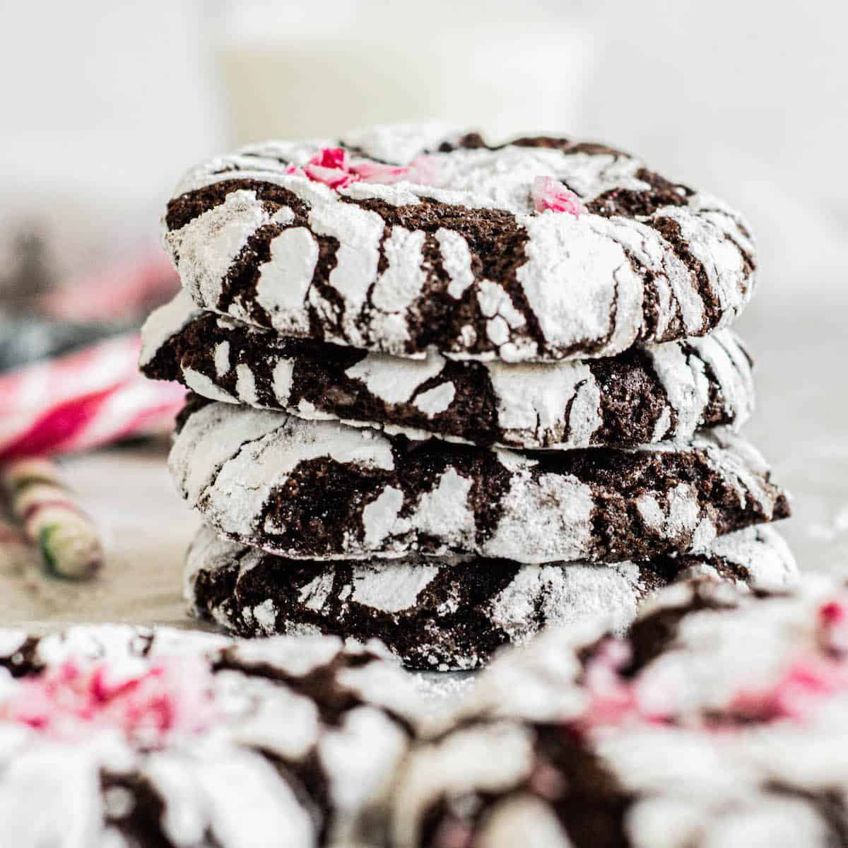 stacked peppermint chocolate crinkle cookies.