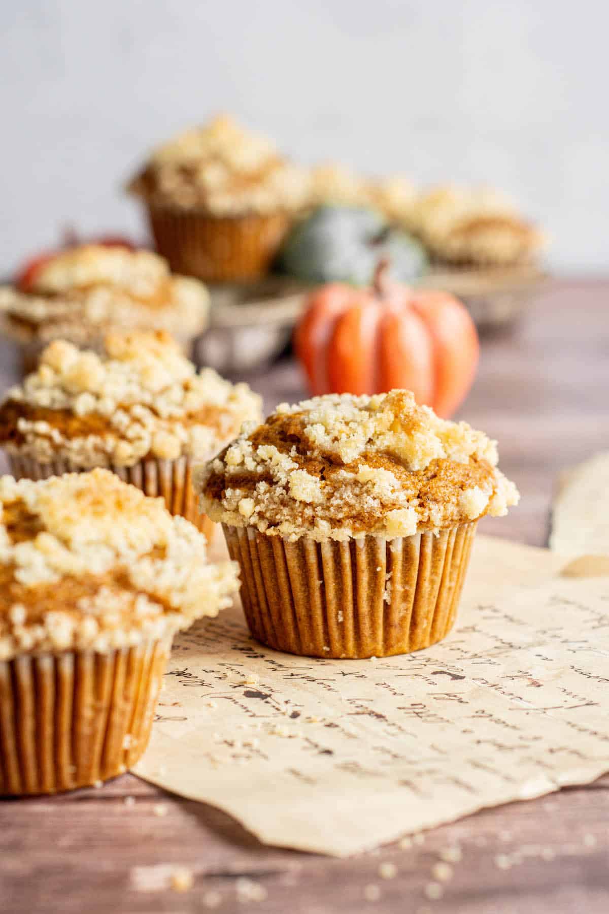 baked pumpkin muffins with streusel.