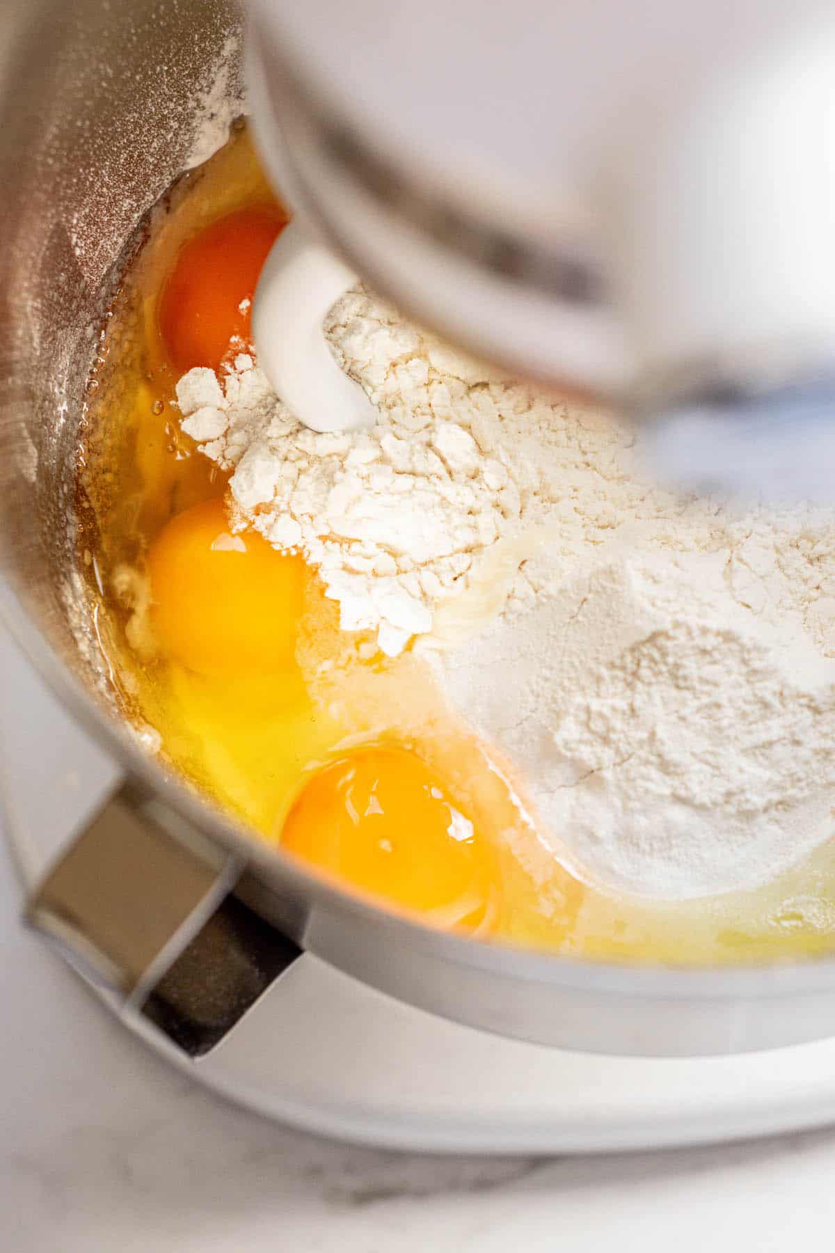 eggs and flour in mixer.