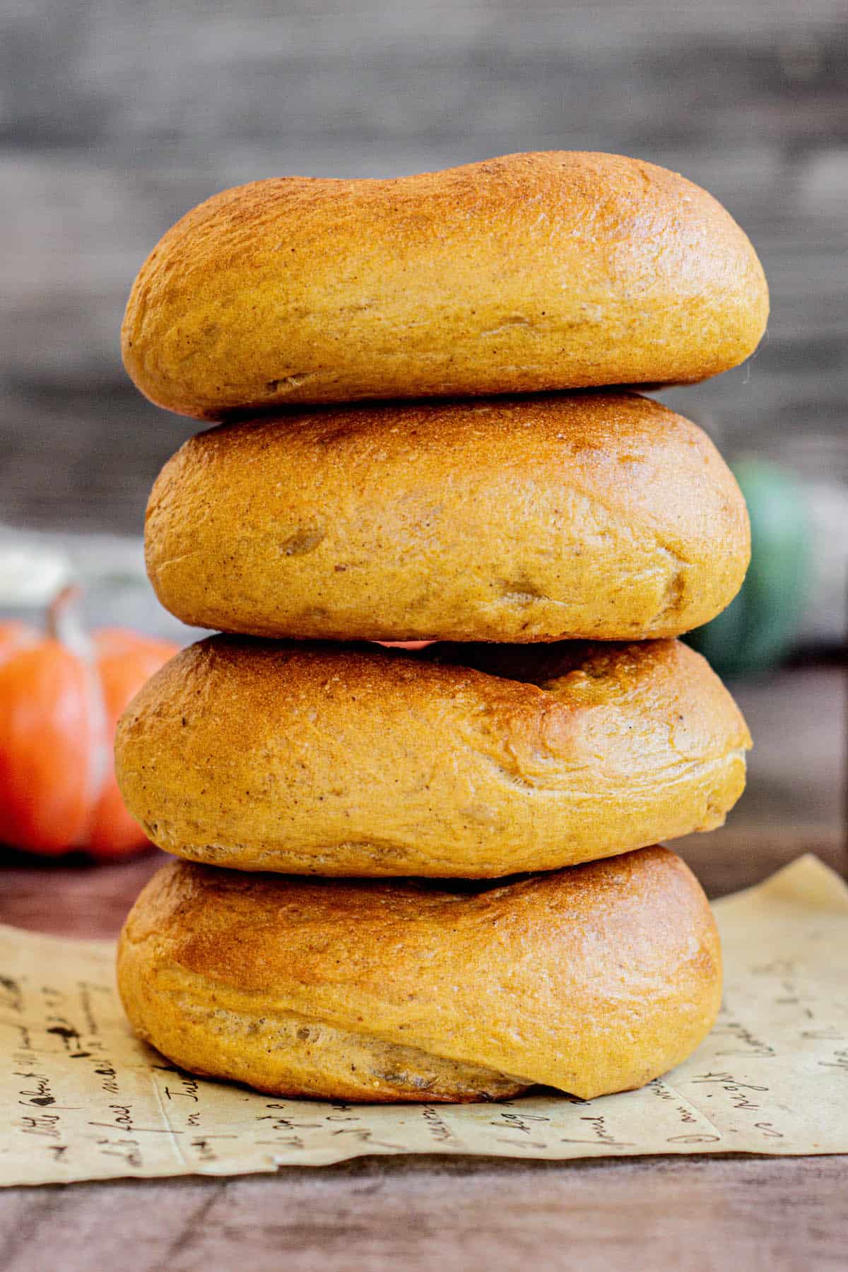 stacked pumpkin bagels.