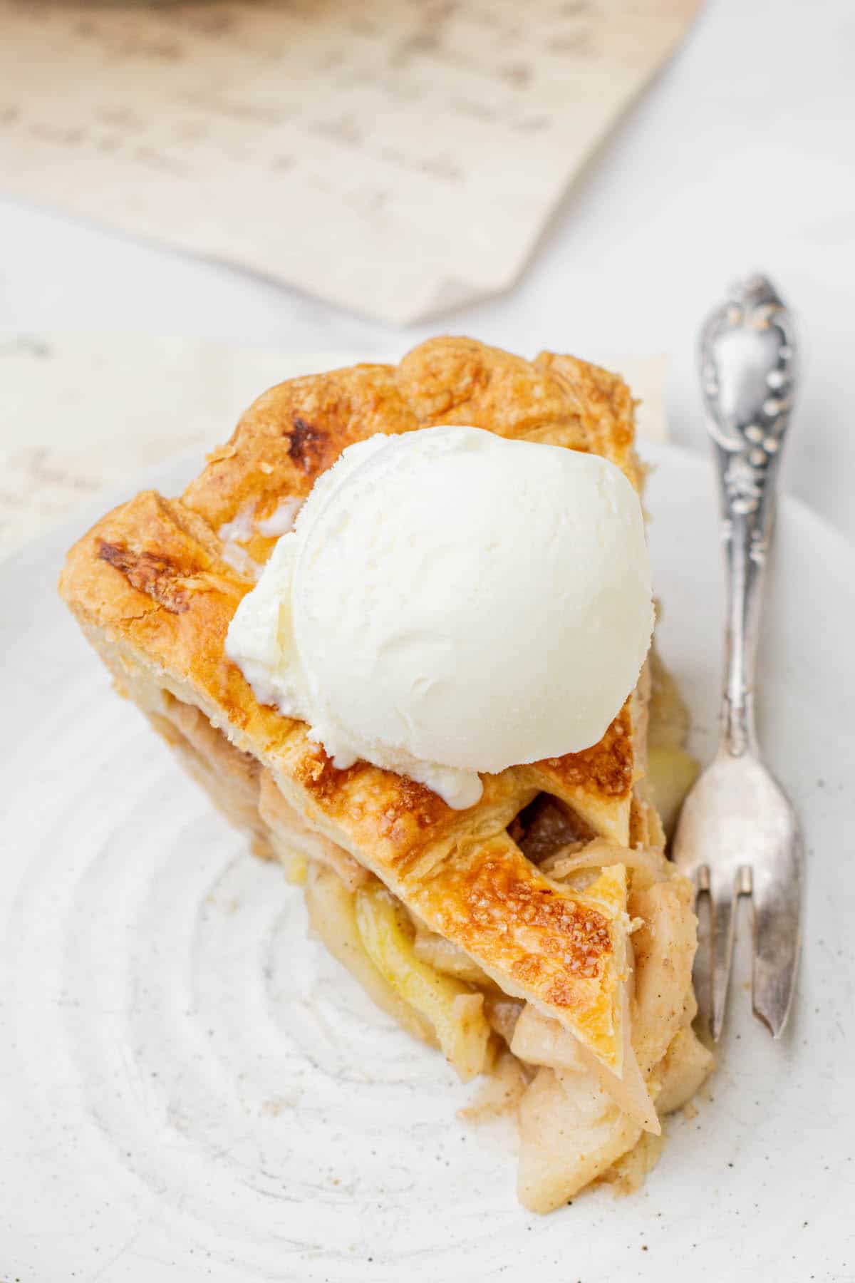 birds eye of slice of pear pie.