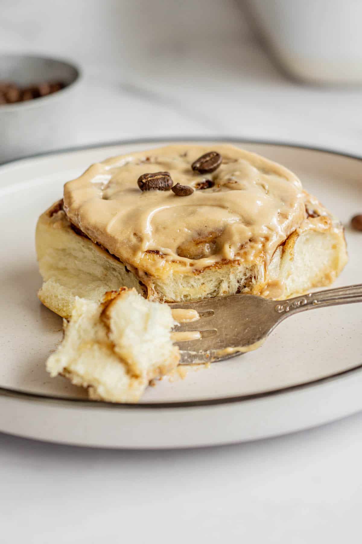 close up coffee cinnamon roll.