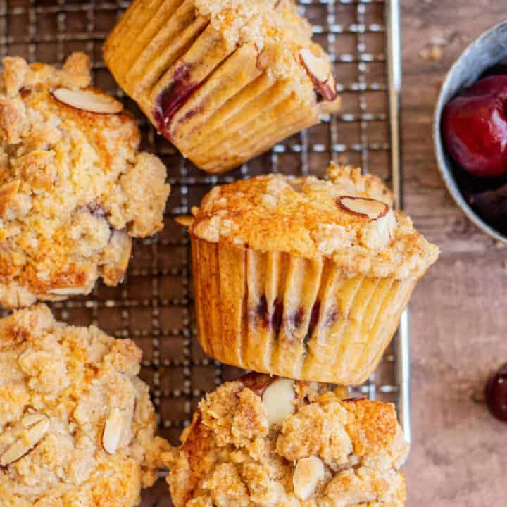 birds eye of homemade cherry muffins.