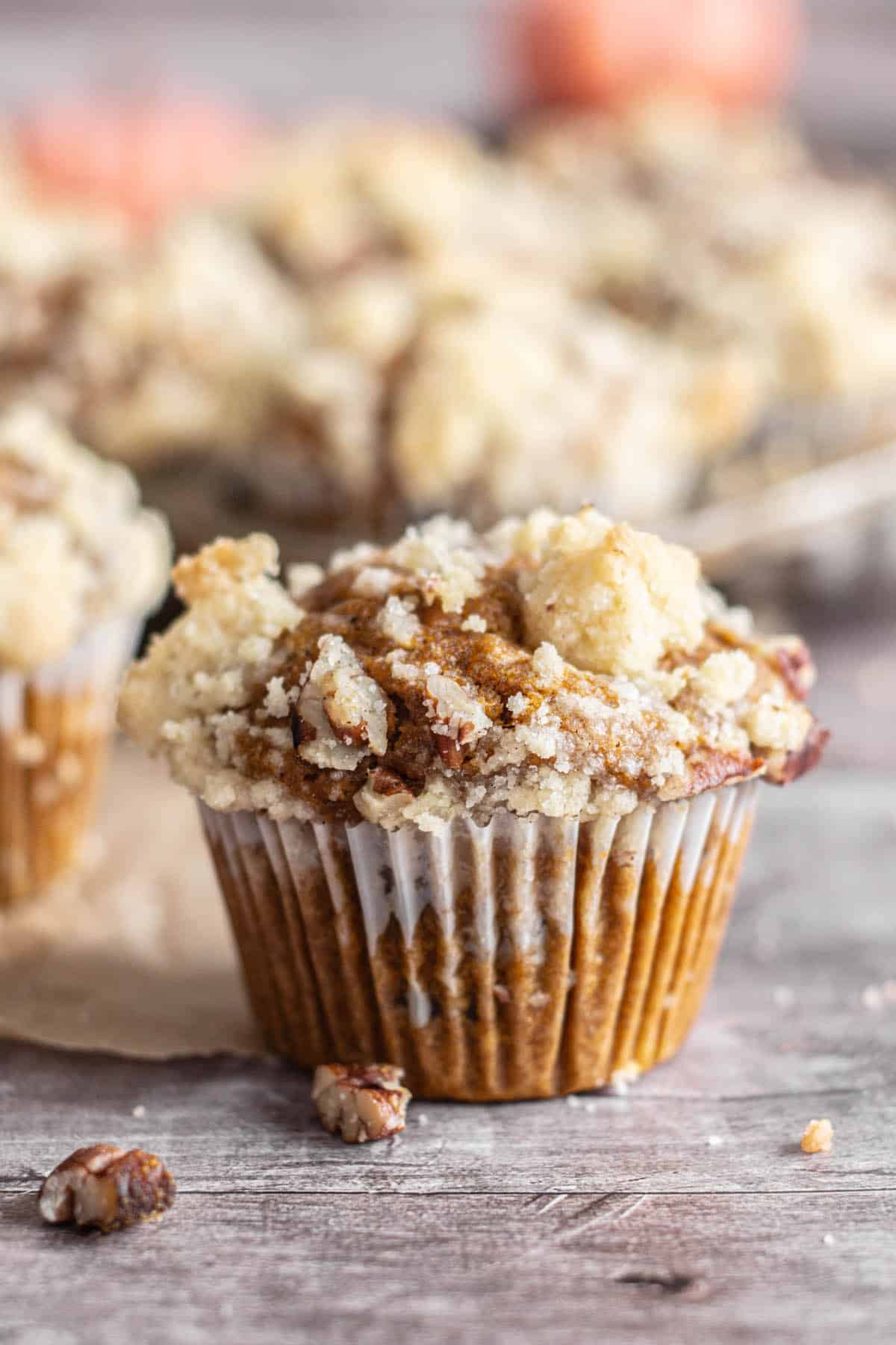 side view of streusel topped muffin.