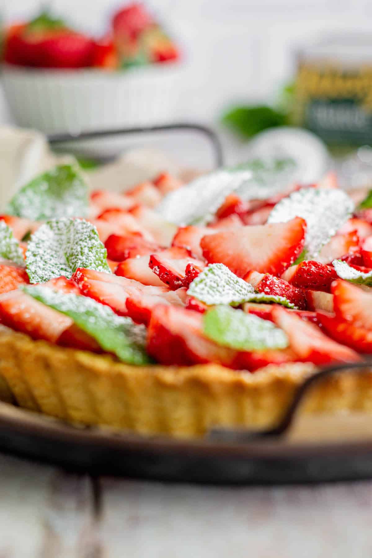side view of strawberry tart.