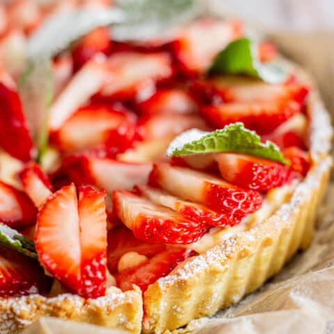 sliced strawberry custard tart.