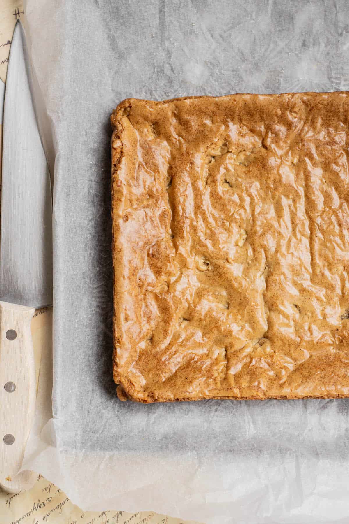 birds eye of glossy slab of baked blondies.