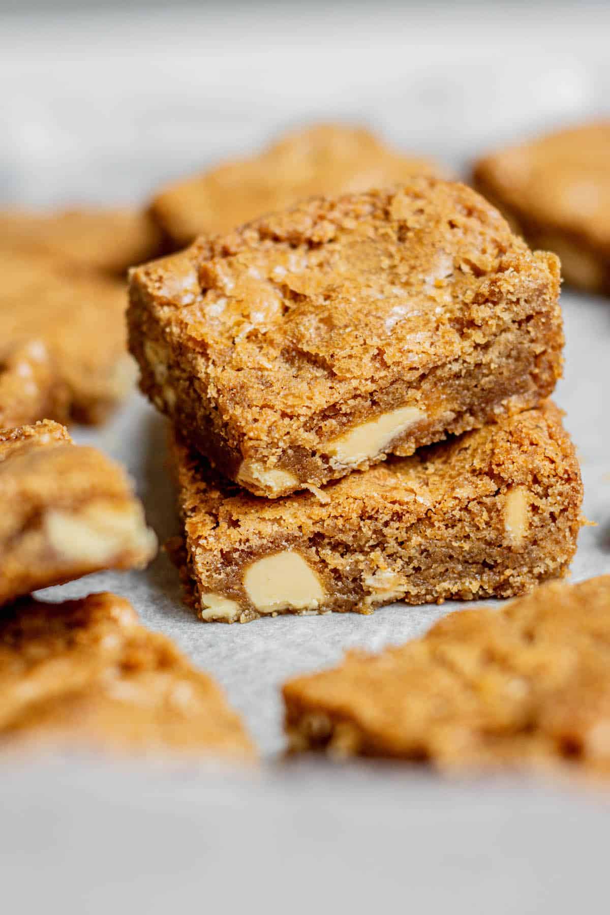 stacked blondies with white chocolate.