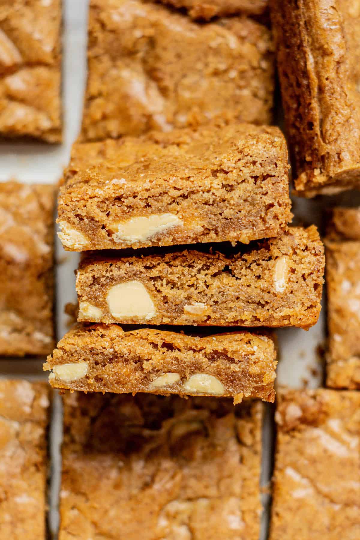 stacked blondies with white chocolate.