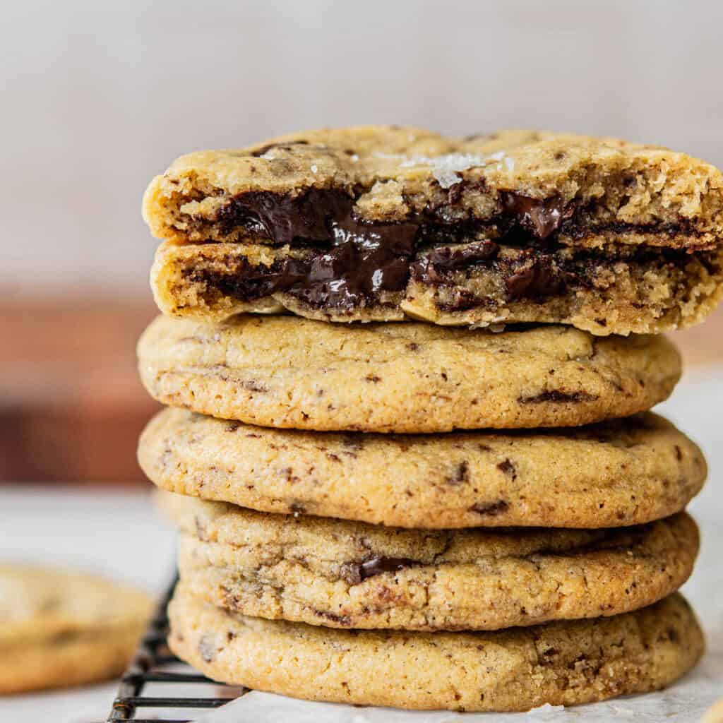 stacked chocolate filled cookies.