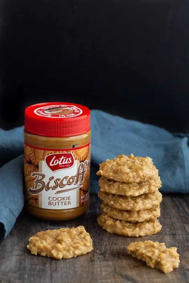 No bake cookie butter cookies stacked.