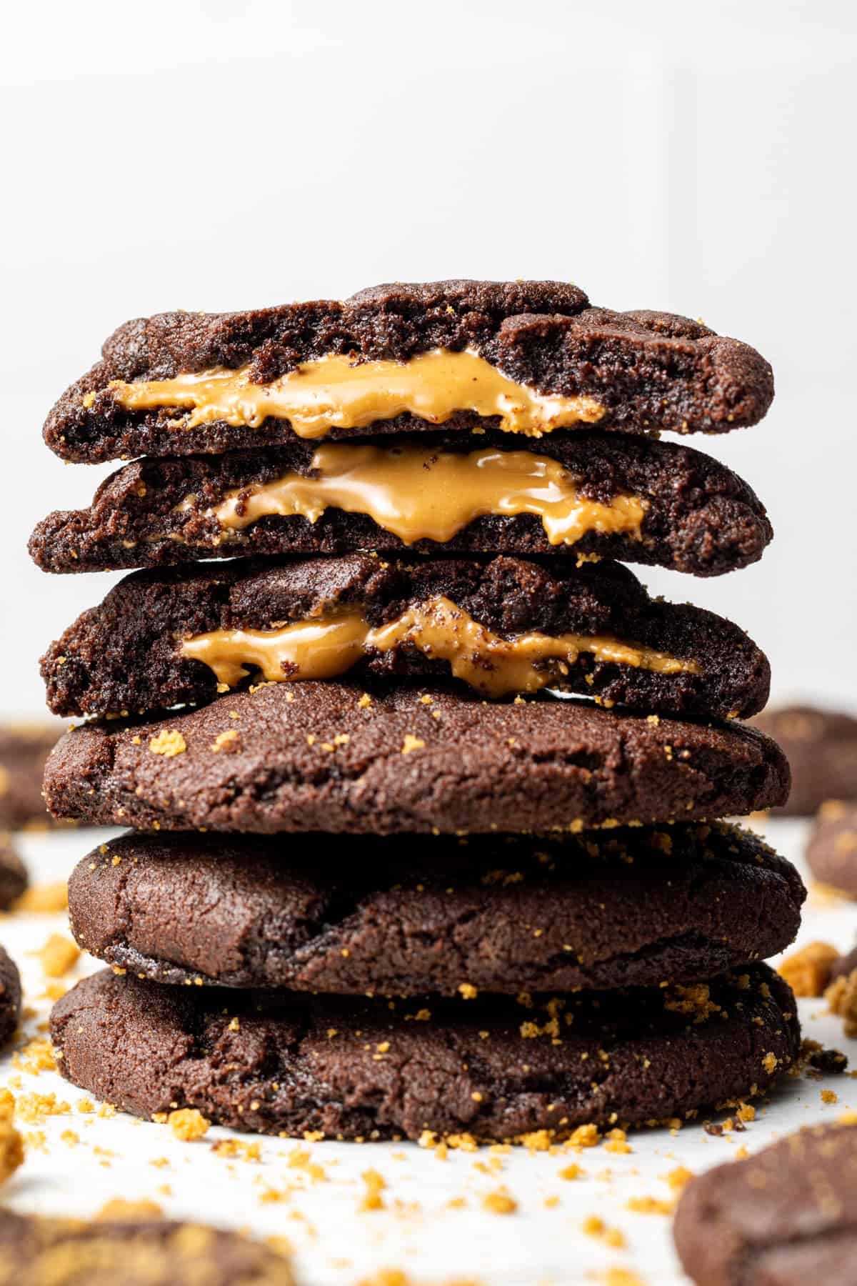 Stacked chocolate cookies with gooey centers.