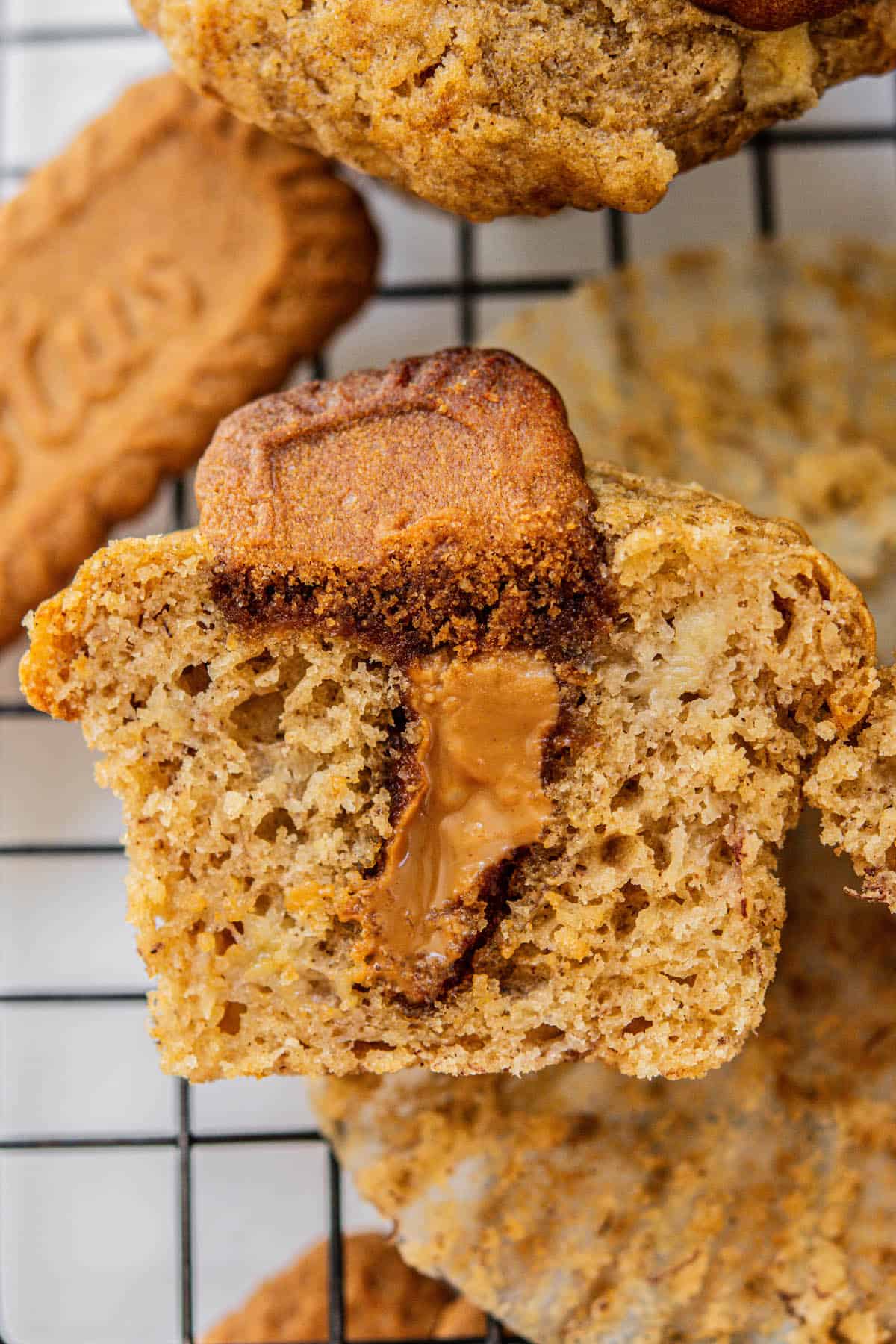halved banana biscoff muffin, showing cookie butter center.