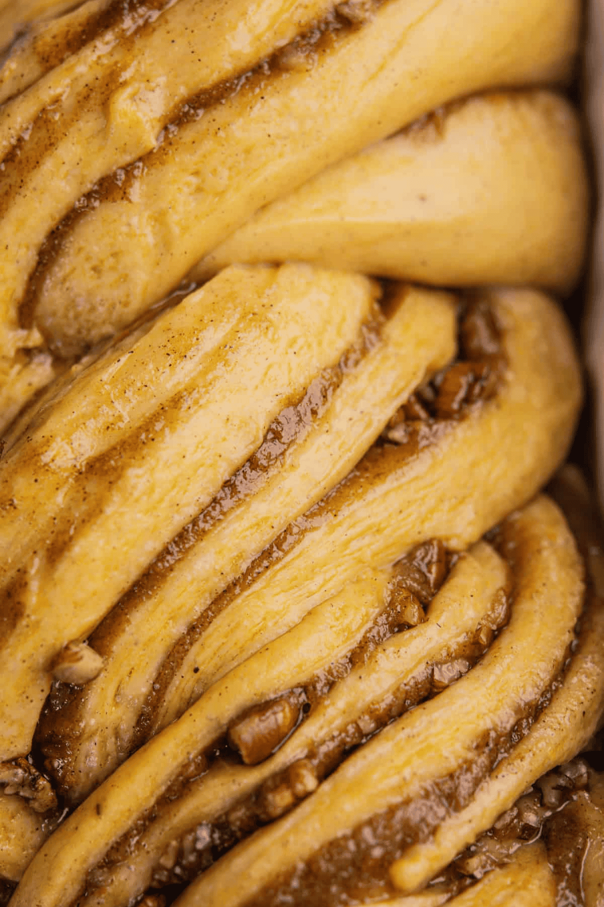 Close-up of layered, swirled pumpkin babka dough with a cinnamon filling and chopped pecans, showing the texture and golden-brown color of the unbaked pastry.