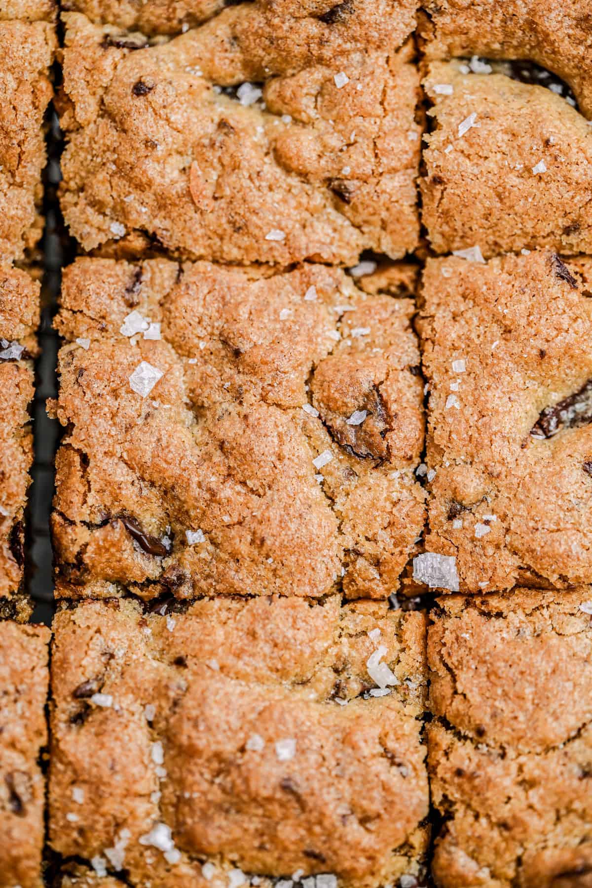 Close-up of freshly baked, golden brown sourdough cookie bars with chocolate chips, cut into squares and sprinkled with flaky sea salt on top.