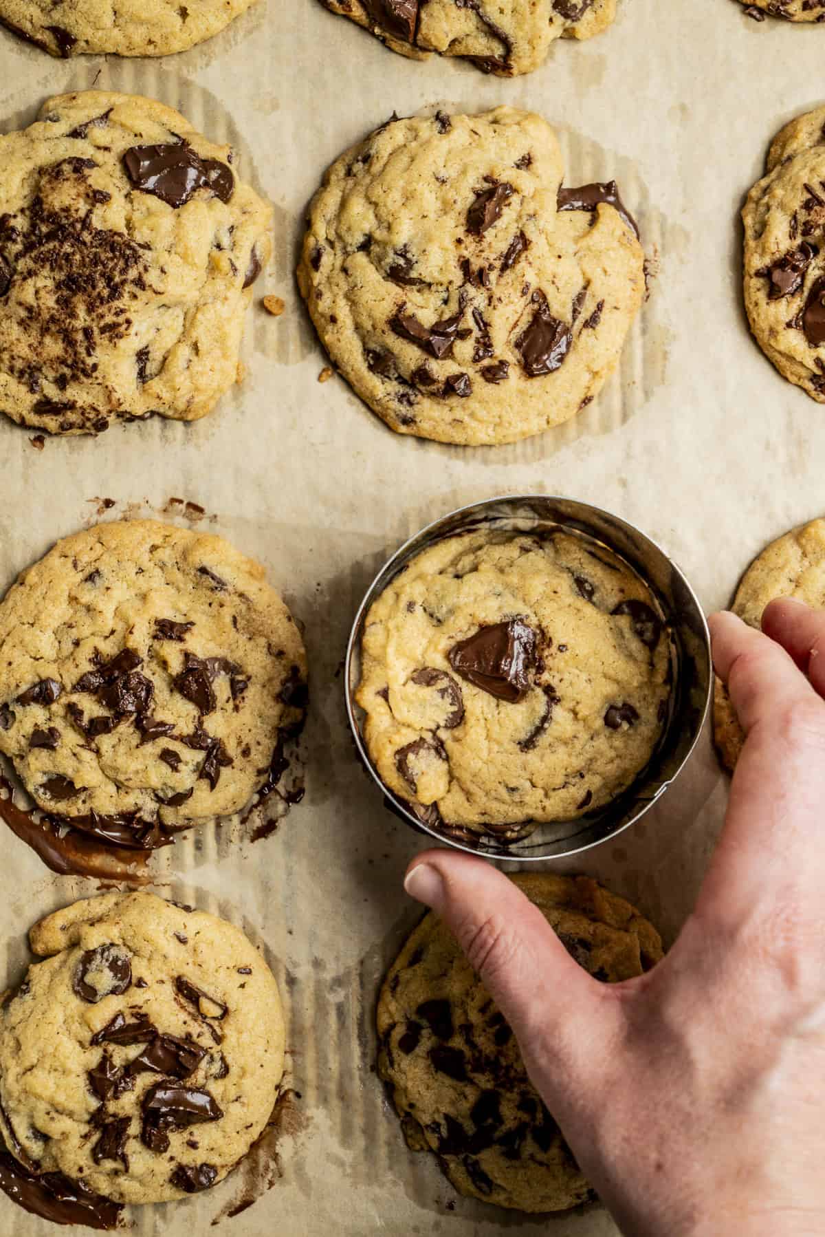 A hand shapes an Egg White Chocolate Chip Cookie with a metal ring on a parchment-lined baking sheet, surrounded by other freshly baked cookies.