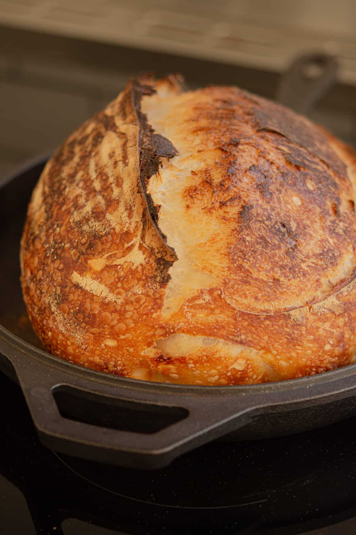 A round, crusty loaf of sourdough bread with a golden-brown exterior sits in a black cast iron pan. The bread has a deep score on top, revealing a slightly darker interior.