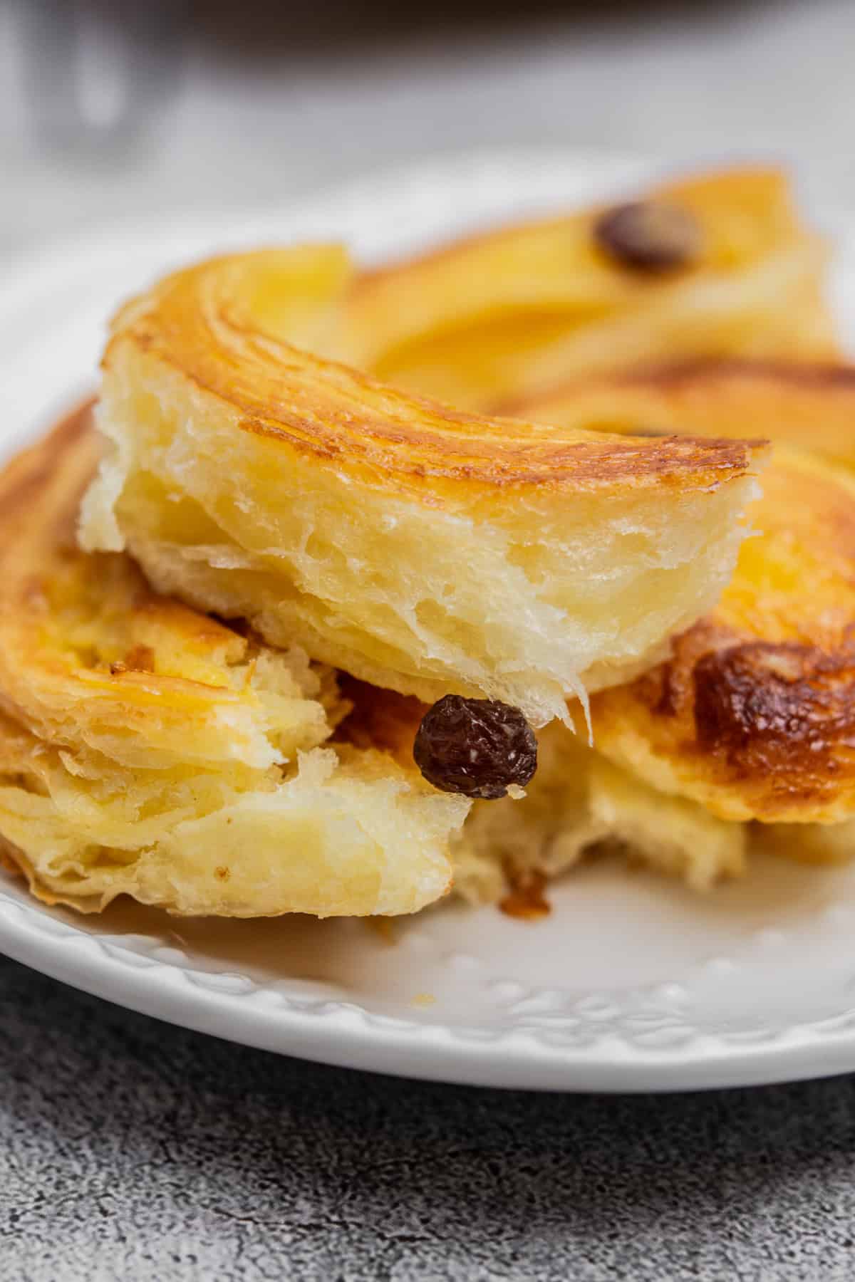 Close-up of a plate with two spiral pastries featuring golden-brown flaky layers and small raisins embedded in the dough. The pastries are stacked, showcasing their textured, buttery appearance. The plate rests on a speckled gray surface.
