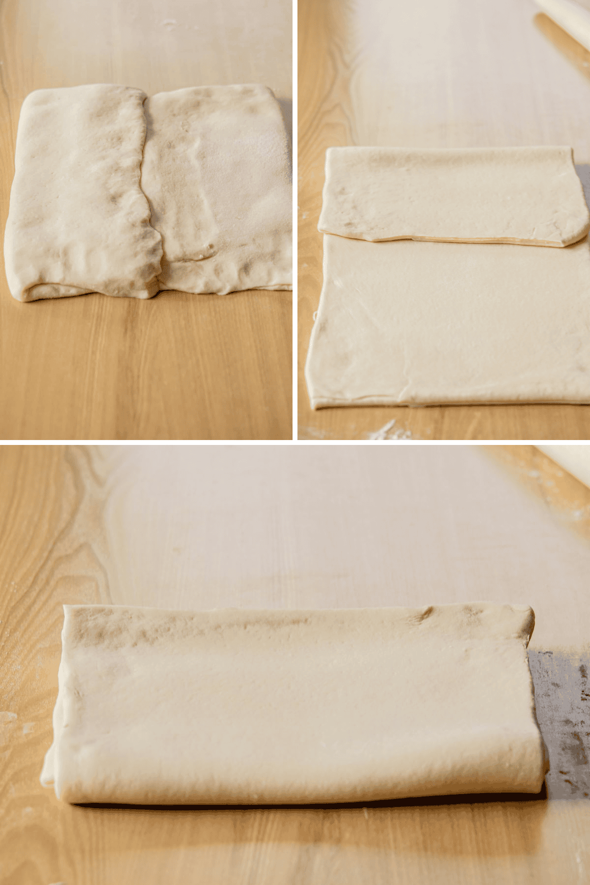 Three photos show stages of folding dough on a wooden surface: first, a partially folded dough; second, dough folded in thirds; third, dough fully folded and ready for the next step. A rolling pin is visible in the background.