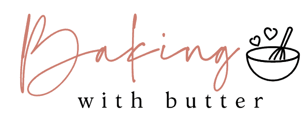 Text logo reads Baking with butter in script and serif fonts, with a doodle of a mixing bowl, whisk, and two small hearts on the right side.