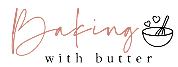 Logo with the words Baking with butter in cursive and serif fonts, next to a simple black line drawing of a mixing bowl with a whisk and three hearts above it.