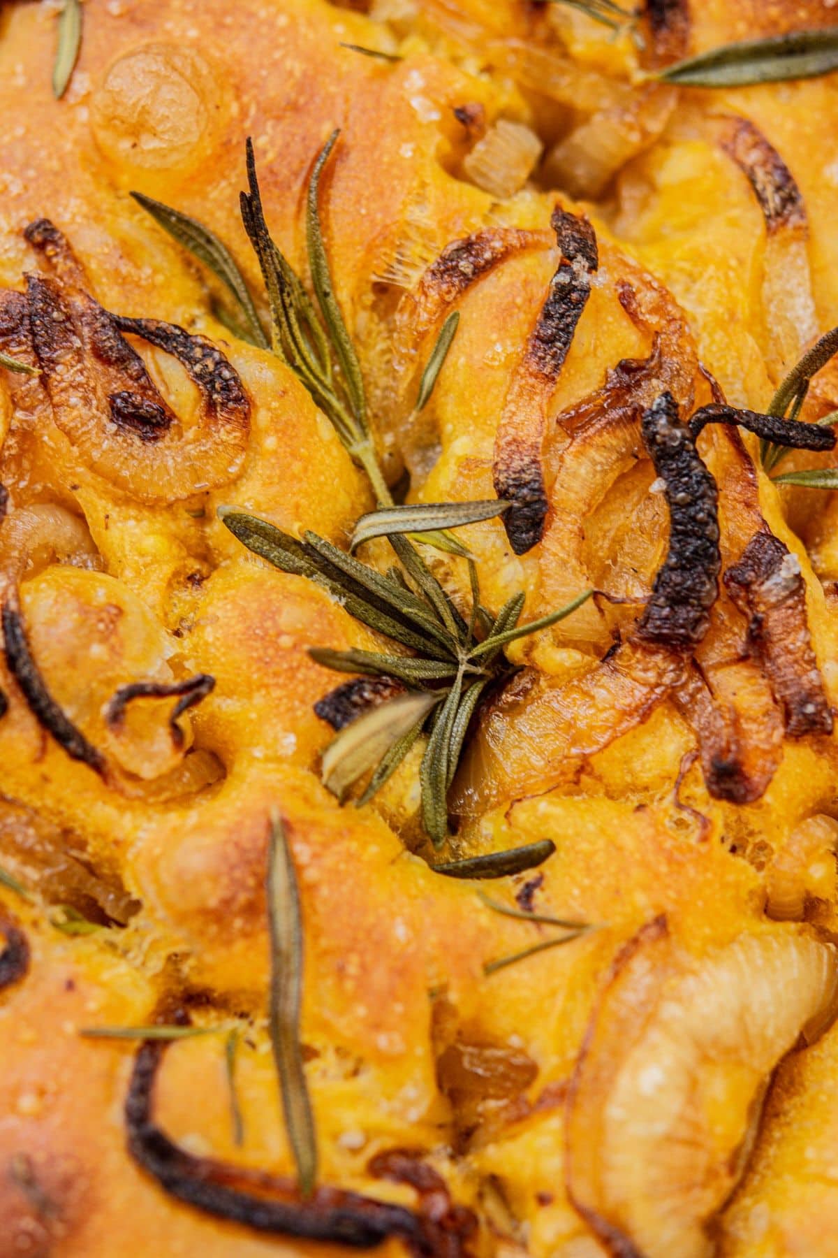 Close-up of golden brown focaccia bread topped with caramelized onions and fresh rosemary sprigs. The bread has a crispy, textured surface with visible herbs and baked onions.