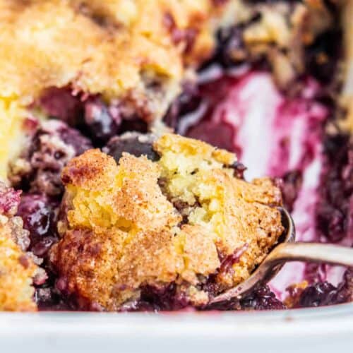 A close-up of a golden-brown blueberry cherry cobbler in a white baking dish, with a spoon lifting out a portion to reveal the juicy, purple berry filling underneath the crispy topping.